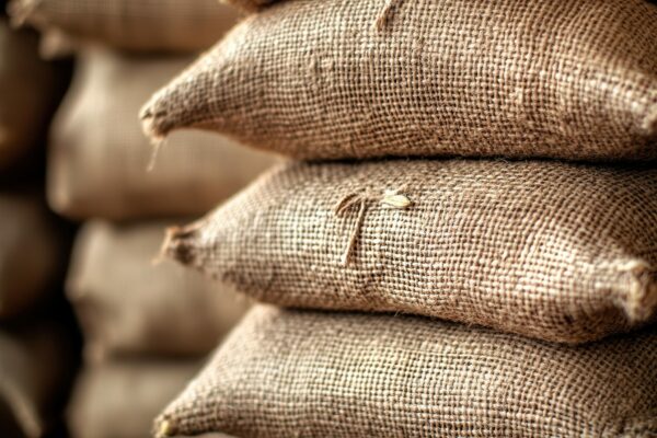 Burlap sacks are neatly stacked in a storage area, highlighting a rustic aesthetic and the importance of organized storage for agricultural goods.